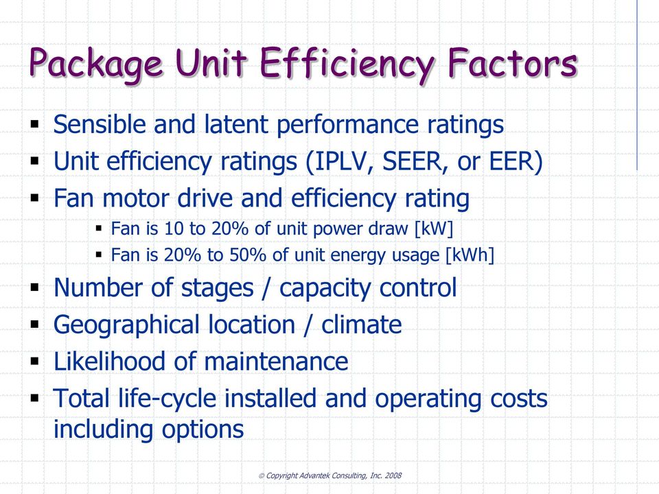 Fan is 20% to 50% of unit energy usage [kwh] Number of stages / capacity control Geographical