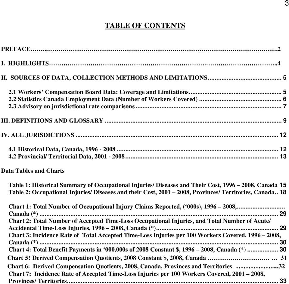 .. 13 Data Tables and Charts Table 1: Historical Summary of Occupational Injuries/ Diseases and Their Cost, 1996 2008, Canada 15 Table 2: Occupational Injuries/ Diseases and their Cost, 2001 2008,
