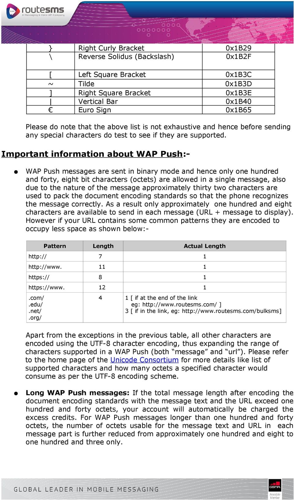 Important information about WAP Push:- WAP Push messages are sent in binary mode and hence only one hundred and forty, eight bit characters (octets) are allowed in a single message, also due to the
