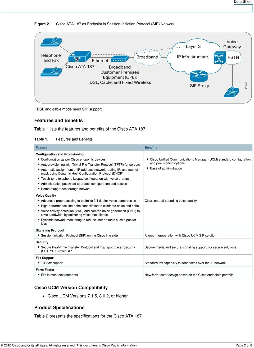 lists the features and benefits of the Cisco ATA 187. Table 1.