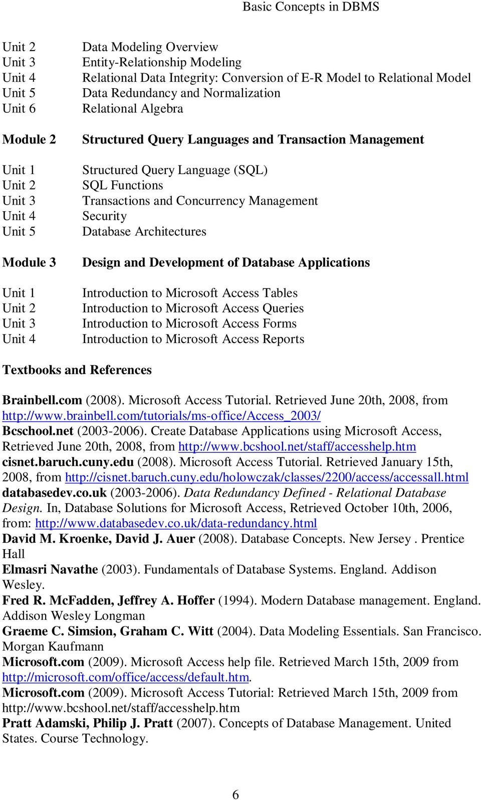 Transactions and Concurrency Management Security Database Architectures Design and Development of Database Applications Introduction to Microsoft Access Tables Introduction to Microsoft Access