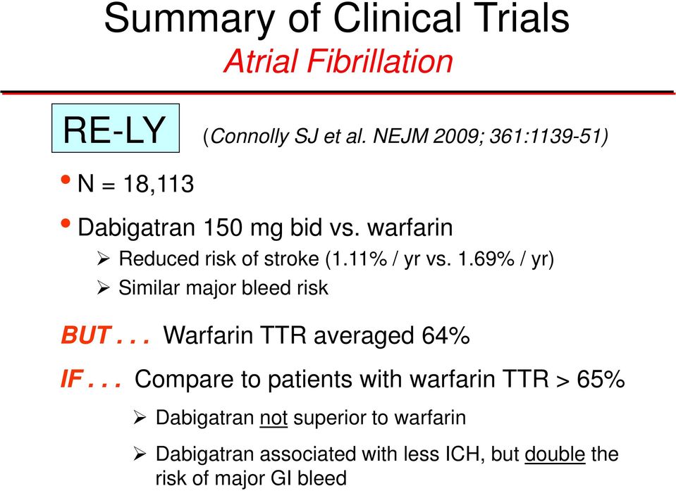 11% / yr vs. 1.69% / yr) Similar major bleed risk BUT... Warfarin TTR averaged 64% IF.