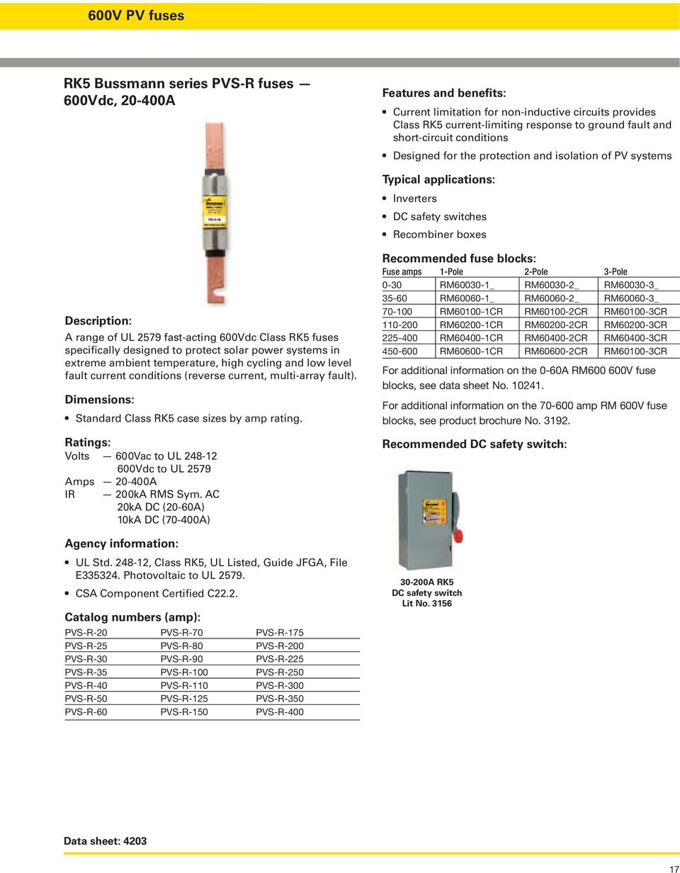 Class RK5 fuses specifically designed to protect solar power systems in extreme ambient temperature, high cycling and low level fault current conditions (reverse current, multi-array fault).