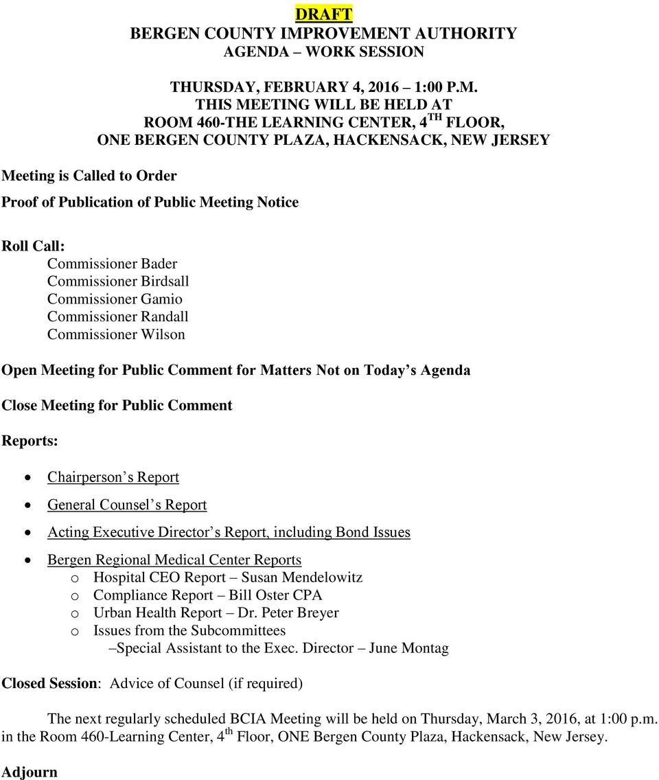 Wilson Open Meeting for Public Comment for Matters Not on Today s Agenda Close Meeting for Public Comment Reports: Chairperson s Report General Counsel s Report Acting Executive Director s Report,