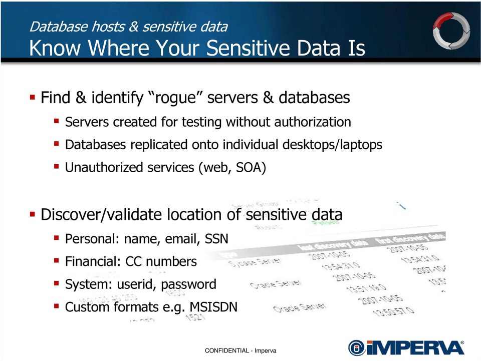 desktops/laptops Unauthorized services (web, SOA) Discover/validate location of sensitive data