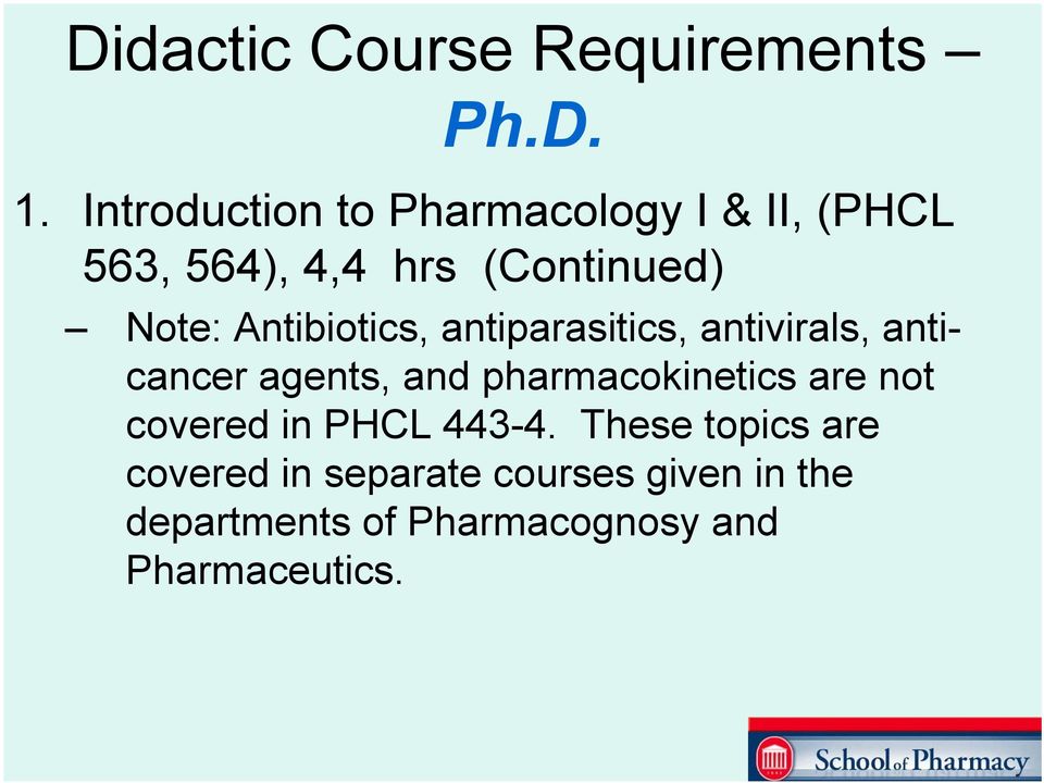 agents, and pharmacokinetics are not covered in PHCL 443-4.