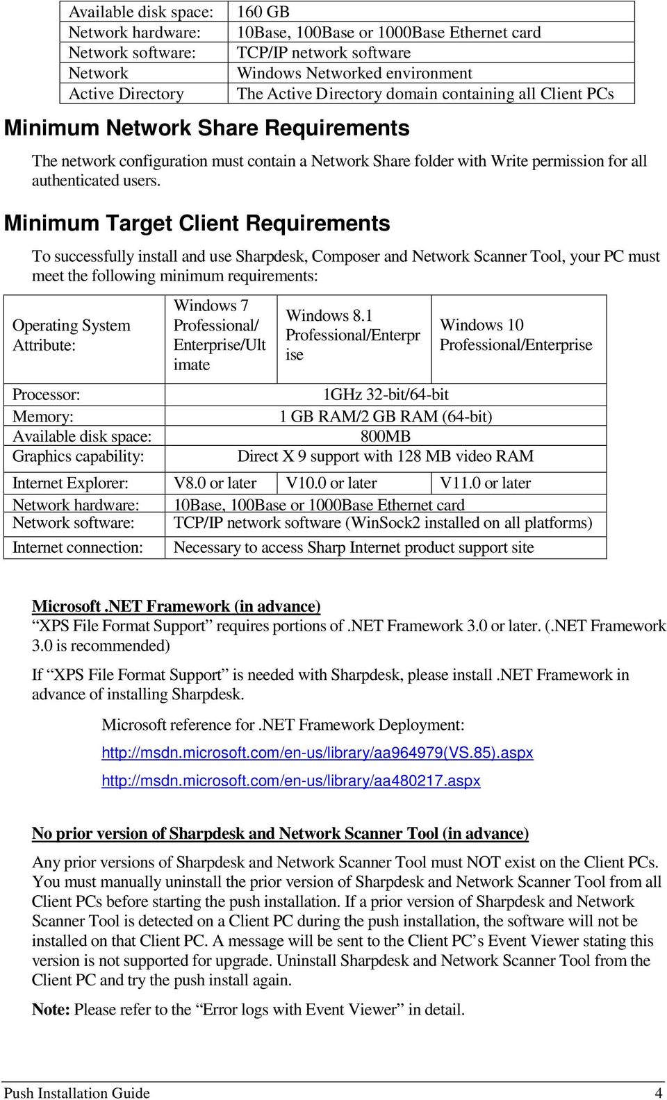 Minimum Target Client Requirements To successfully install and use Sharpdesk, Composer and Network Scanner Tool, your PC must meet the following minimum requirements: Operating System Attribute: