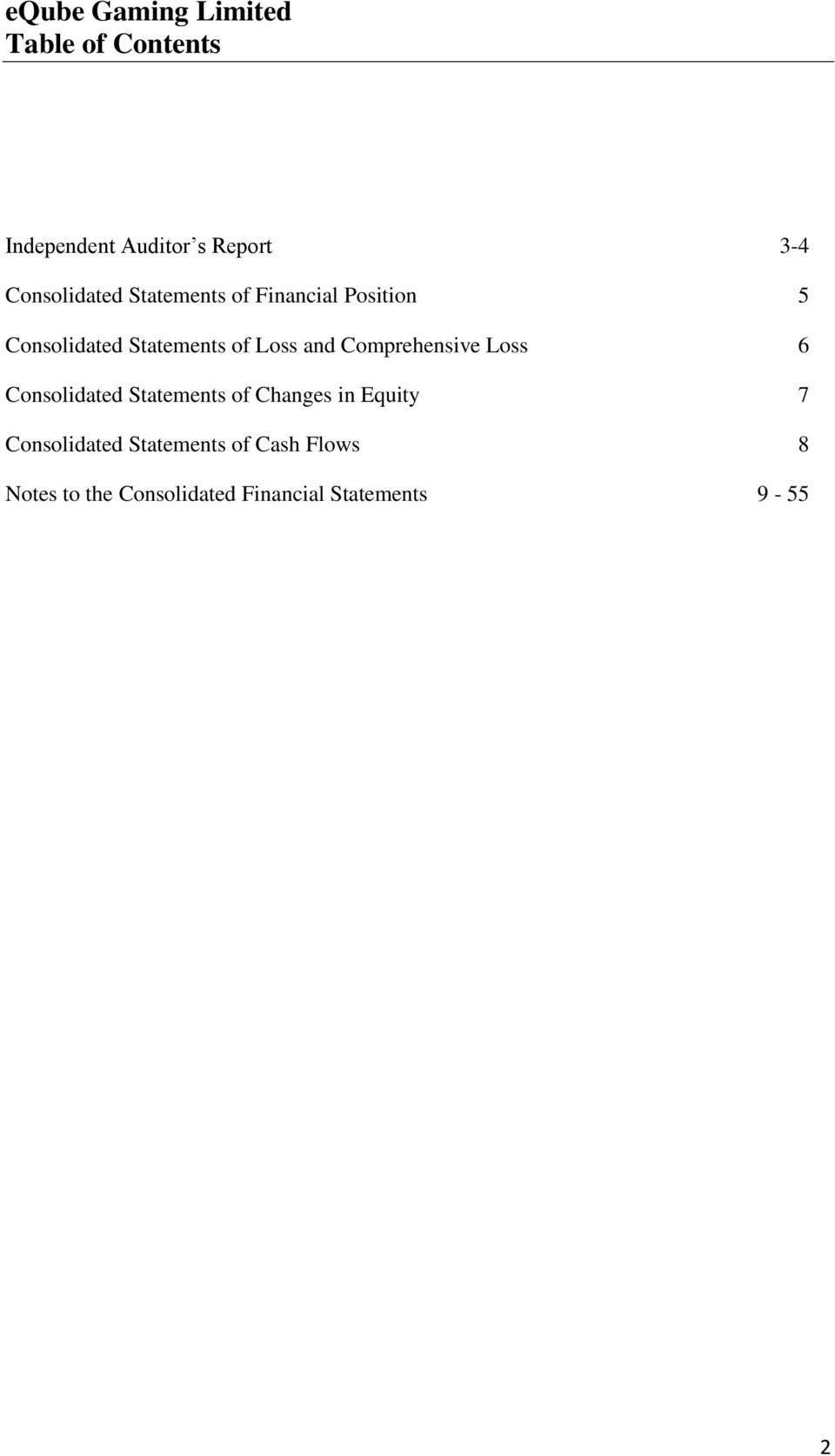 Statements of Loss and Comprehensive Loss 6 Consolidated