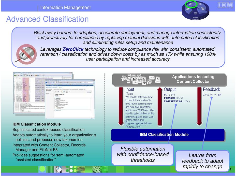 much as 17x while ensuring 100% user participation and increased accuracy IBM Classification Module Sophisticated context-based classification Adapts automatically to learn your organization s