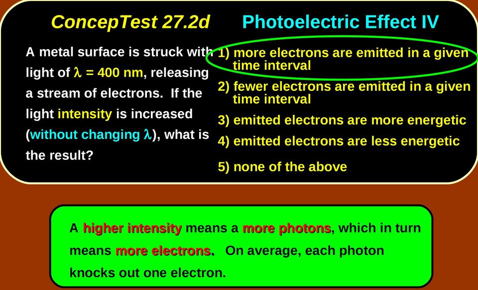 1) more electrons are emitted in a given time interval 2) fewer electrons are emitted in a given time interval 3) emitted electrons are