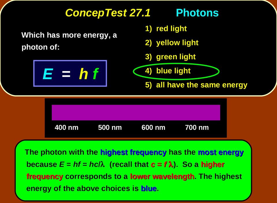 4) blue light 5) all have the same energy 400 nm 500 nm 600 nm 700 nm The photon with the highest