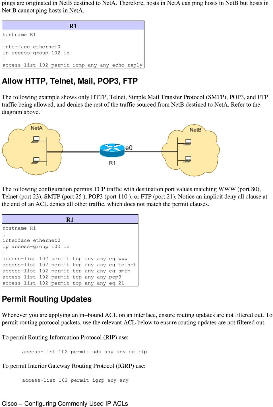 POP3, and FTP traffic being allowed, and denies the rest of the traffic sourced from NetB destined to NetA. Refer to the diagram above.