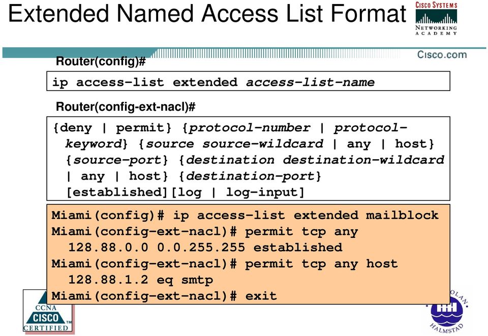 {destination-port} [established][log log-input] Miami(config)# ip access-list extended mailblock Miami(config-ext-nacl)# permit