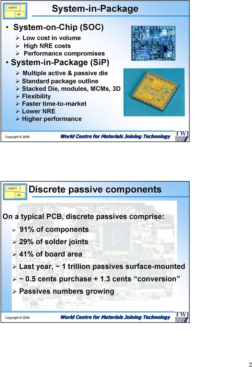 performance ADEPT Discrete passive components On a typical PCB, discrete passives comprise: 91% of components 29% of solder joints