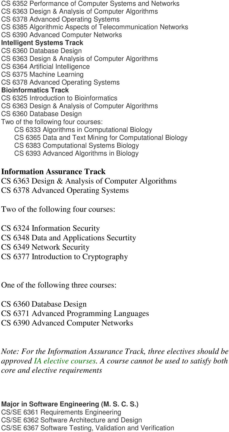 6383 Computational Systems Biology CS 6393 Advanced Algorithms in Biology Information Assurance Track Two of the following four courses: CS 6324 Information Security CS 6348 Data and Applications