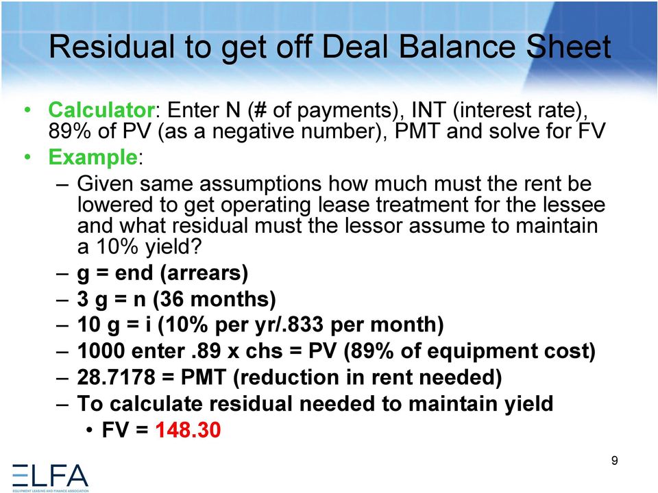 residual must the lessor assume to maintain a 10% yield? g = end (arrears) 3 g = n (36 months) 10 g = i (10% per yr/.