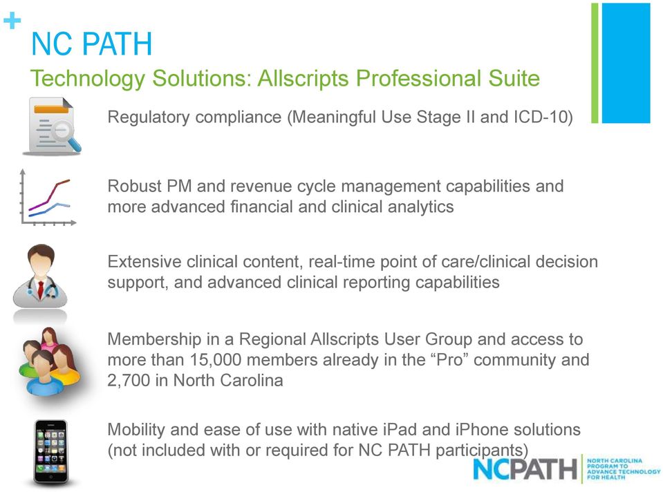 support, and advanced clinical reporting capabilities Membership in a Regional Allscripts User Group and access to more than 15,000 members already in the