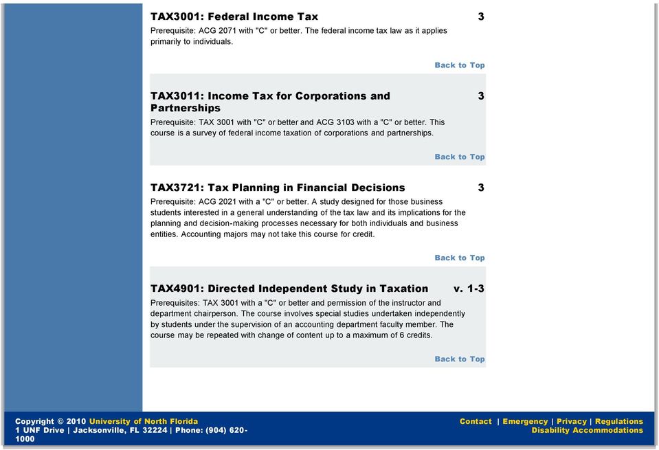 This course is a survey of federal income taxation of corporations and partnerships. TAX721: Tax Planning in Financial Decisions Prerequisite: ACG 2021 with a "C" or better.