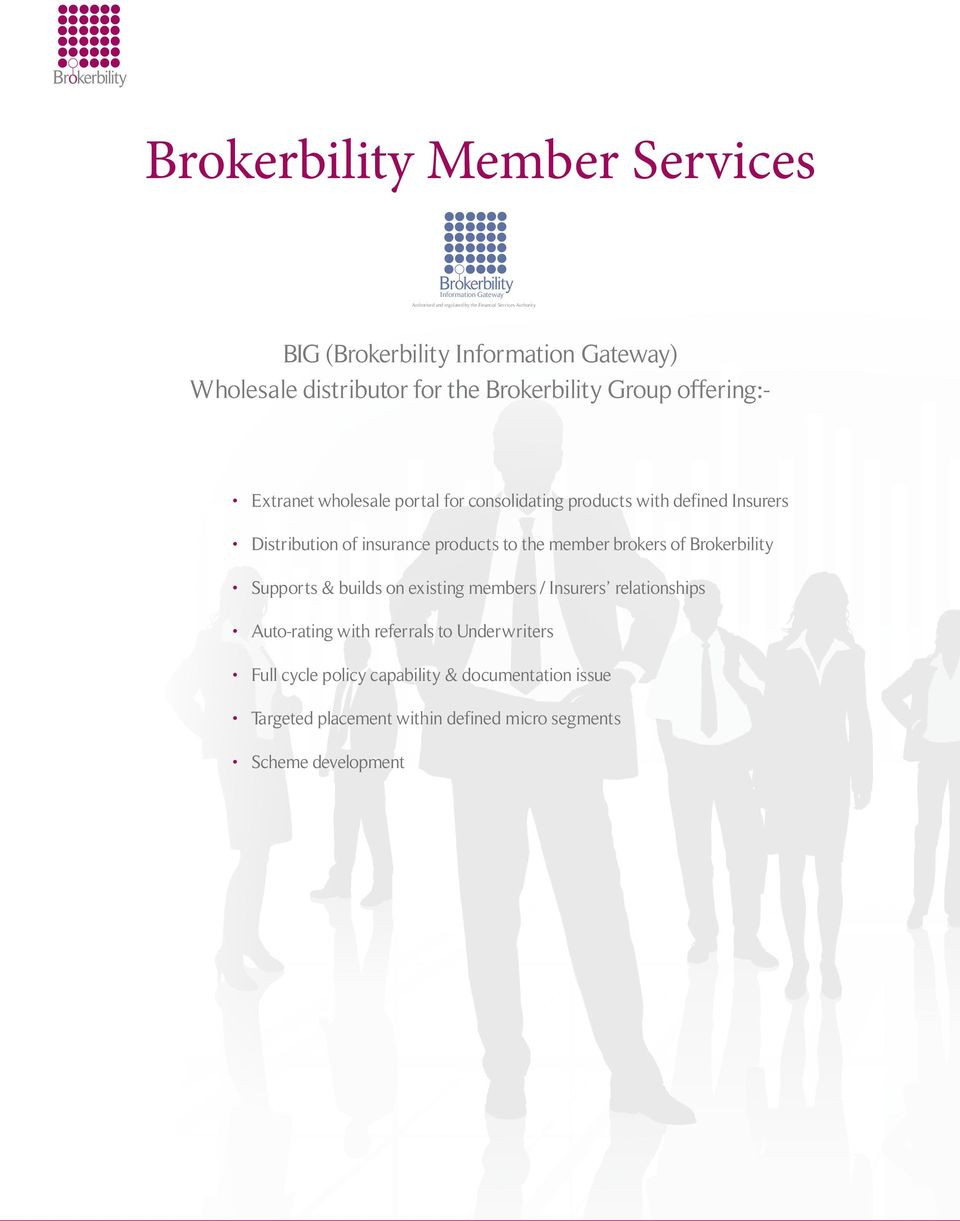 Distribution of insurance products to the member brokers of Brokerbility Supports & builds on existing members / Insurers relationships