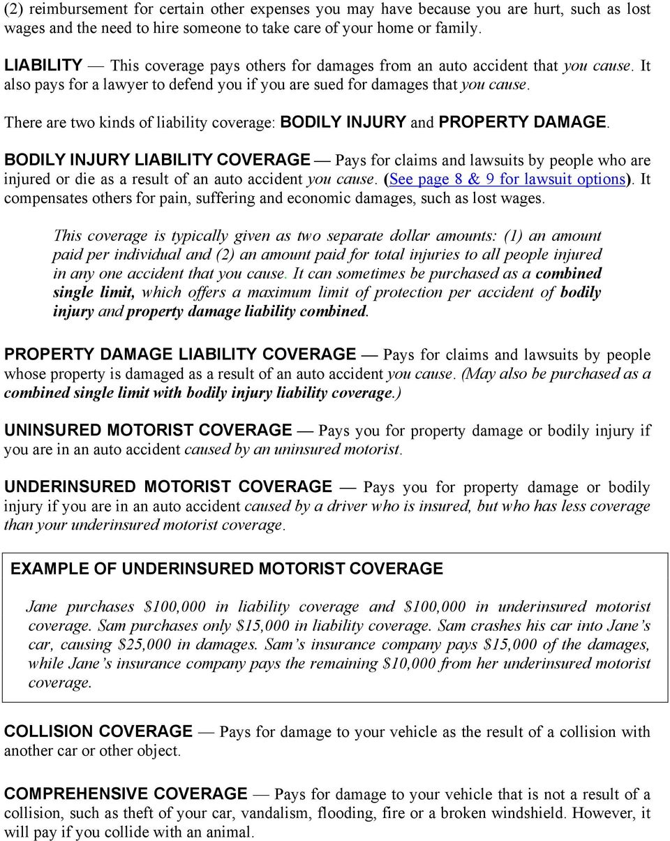There are two kinds of liability coverage: BODILY INJURY and PROPERTY DAMAGE.