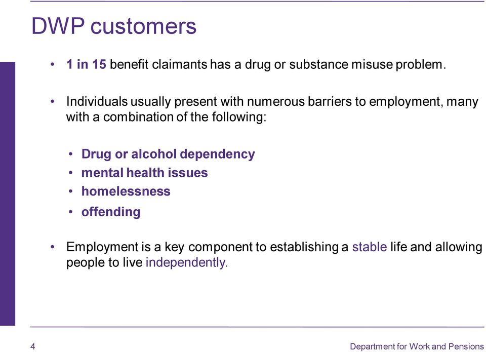 following: Drug or alcohol dependency mental health issues homelessness offending Employment is a