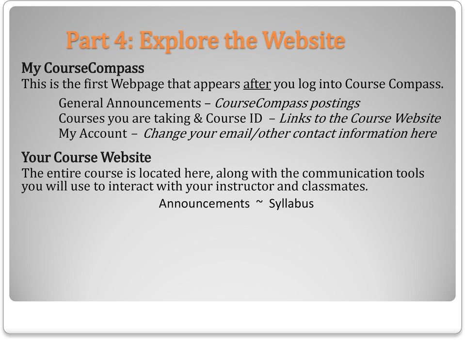 Website The entire course is located here, along with the communication tools you will use to interact with your instructor and classmates.