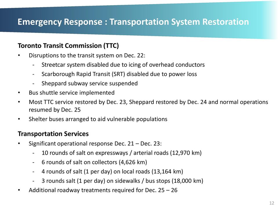 Most TTC service restored by Dec. 23, Sheppard restored by Dec. 24 and normal operations resumed by Dec.