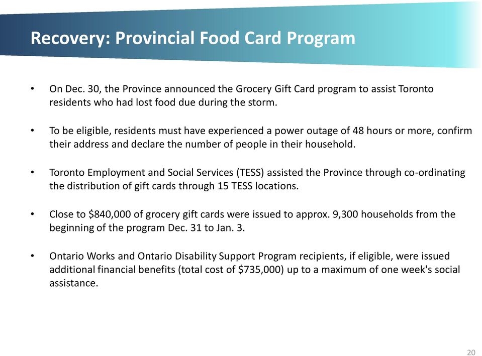 Toronto Employment and Social Services (TESS) assisted the Province through co-ordinating the distribution of gift cards through 15 TESS locations.