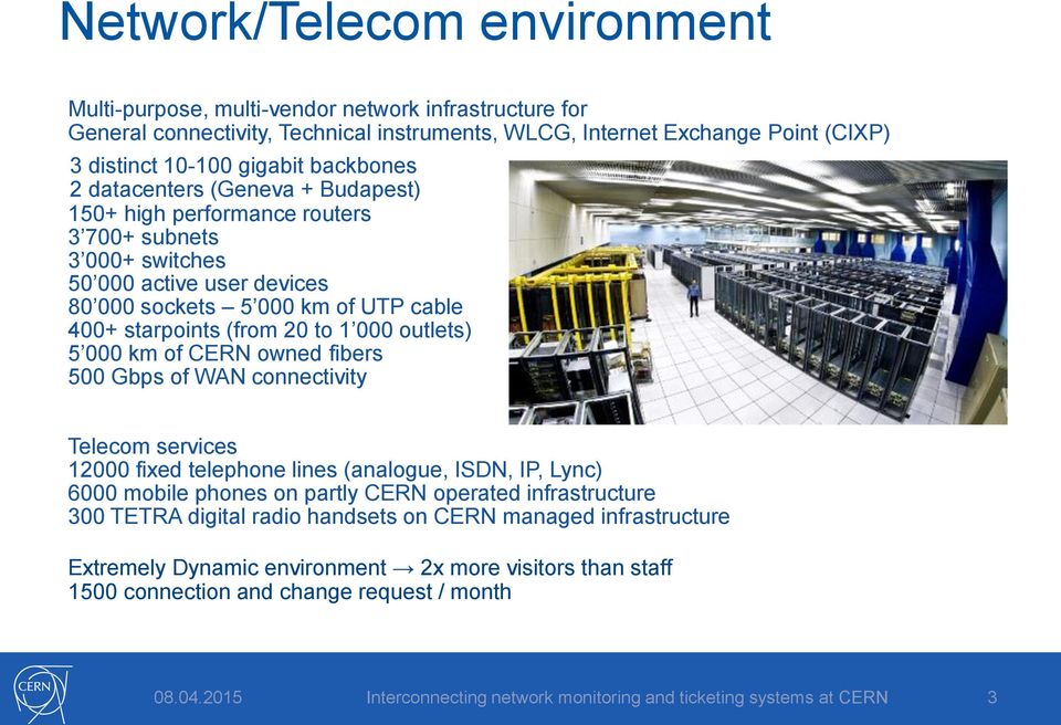 starpoints (from 20 to 1 000 outlets) 5 000 km of CERN owned fibers 500 Gbps of WAN connectivity Telecom services 12000 fixed telephone lines (analogue, ISDN, IP, Lync) 6000 mobile phones