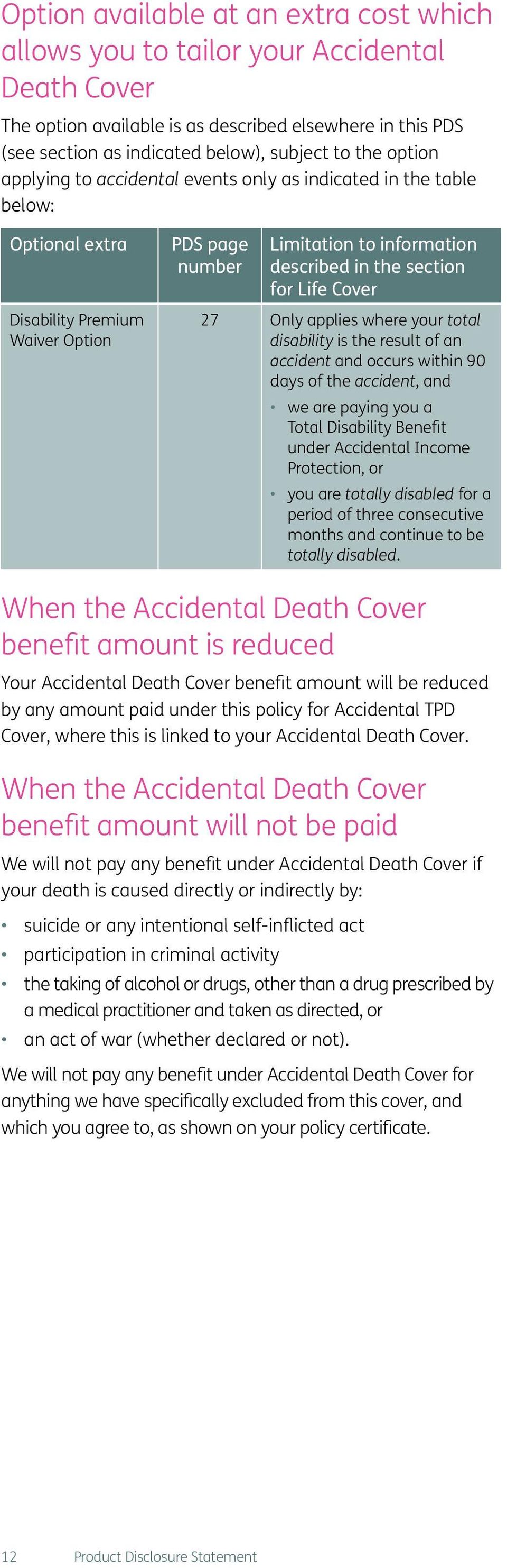 Cover 27 Only applies where your total disability is the result of an accident and occurs within 90 days of the accident, and we are paying you a Total Disability Benefit under Accidental Income