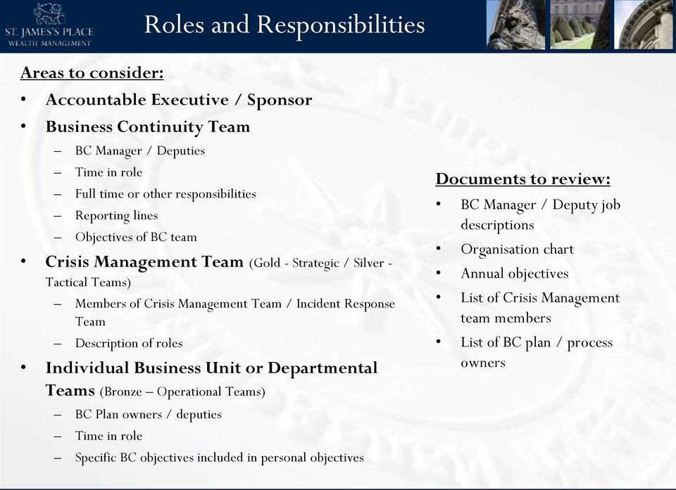 Team Description of roles Individual Business Unit or Departmental Teams (Bronze Operational Teams) BC Plan owners / deputies Time in role Specific BC objectives