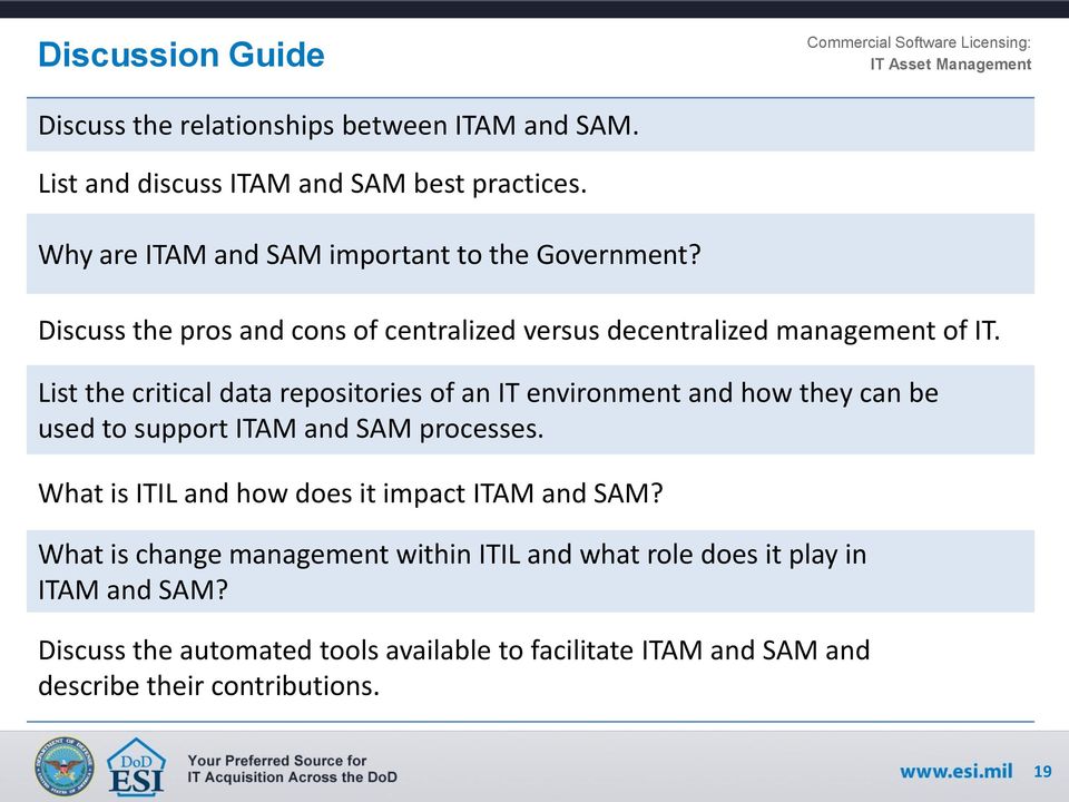 List the critical data repositories of an IT environment and how they can be used to support ITAM and SAM processes.