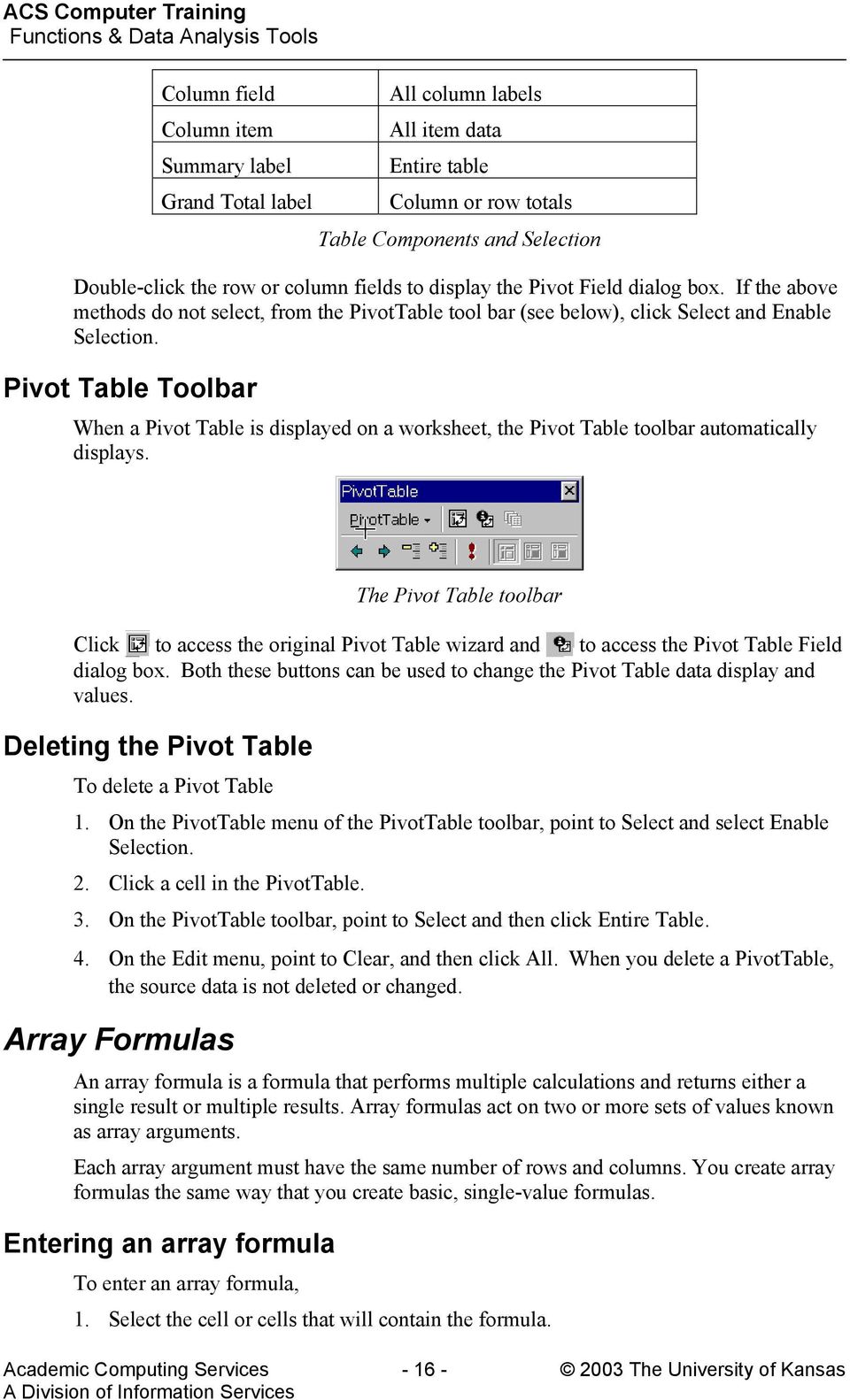 Pivot Table Toolbar When a Pivot Table is displayed on a worksheet, the Pivot Table toolbar automatically displays.