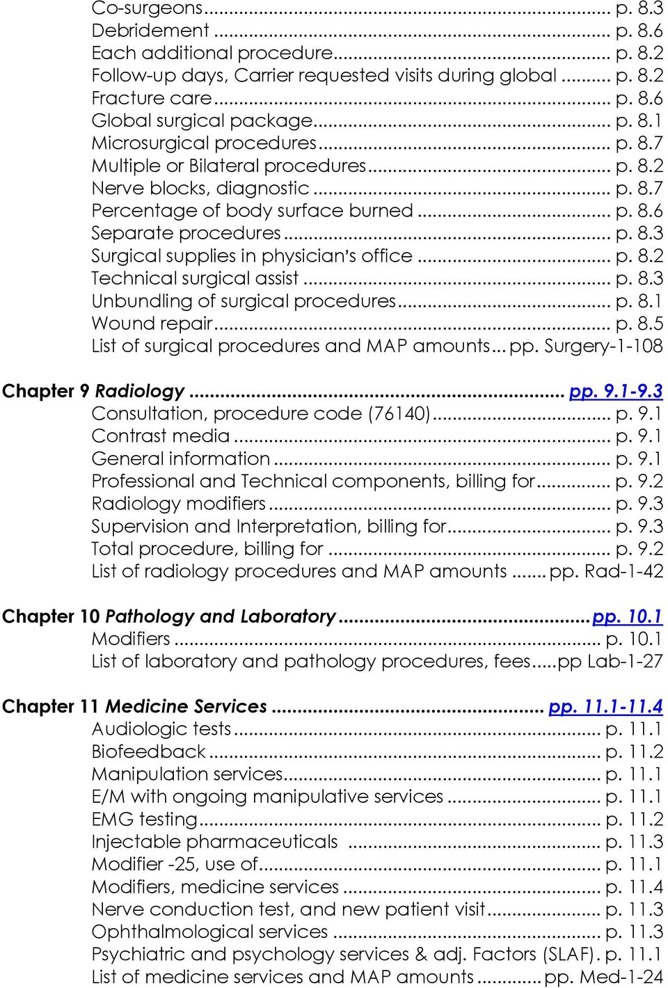 .. p. 8.2 Technical surgical assist... p. 8.3 Unbundling of surgical procedures... p. 8.1 Wound repair... p. 8.5 List of surgical procedures and MAP amounts... pp. Surgery-1-108 Chapter 9 Radiology.