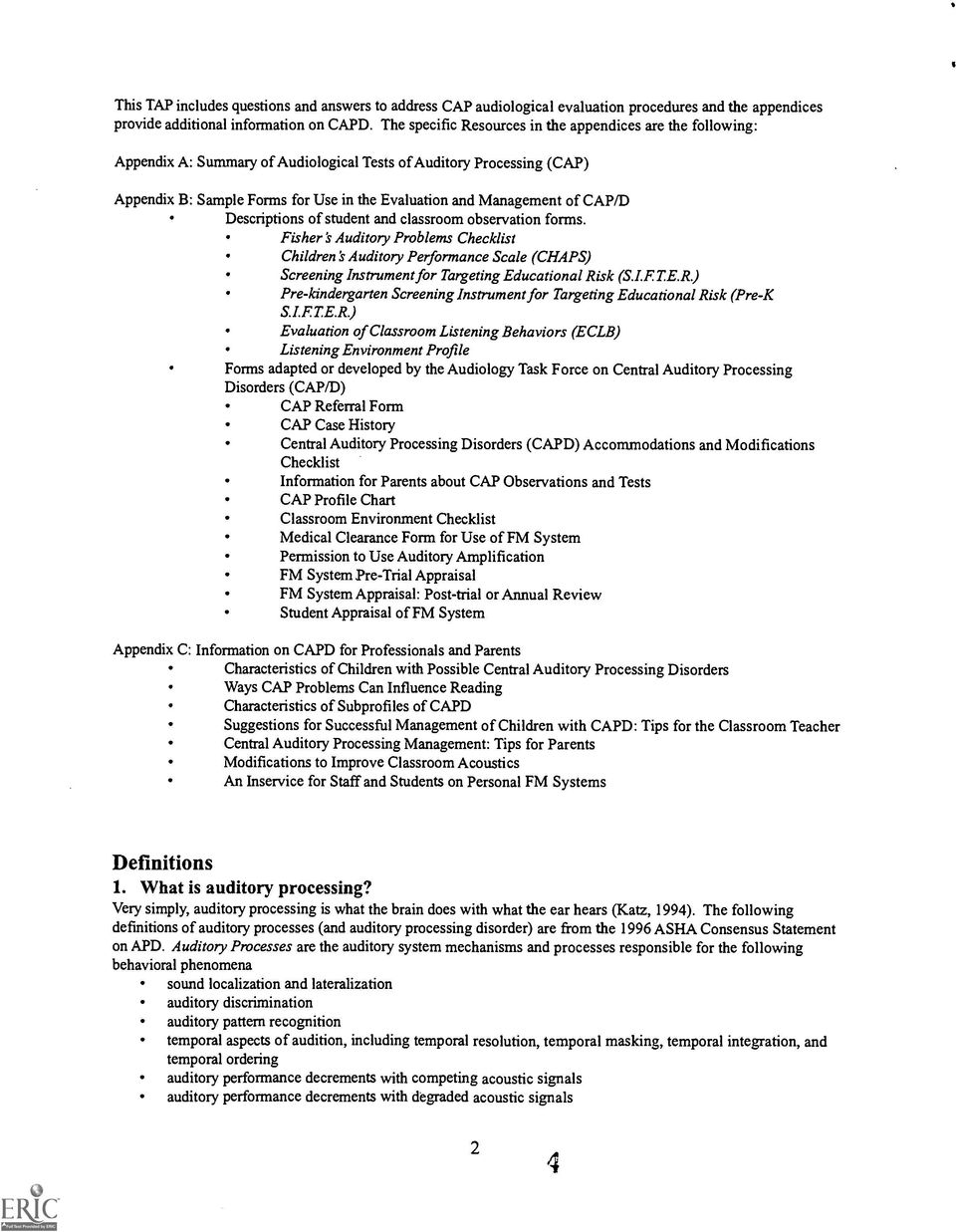 CAP/D Descriptions of student and classroom observation forms.