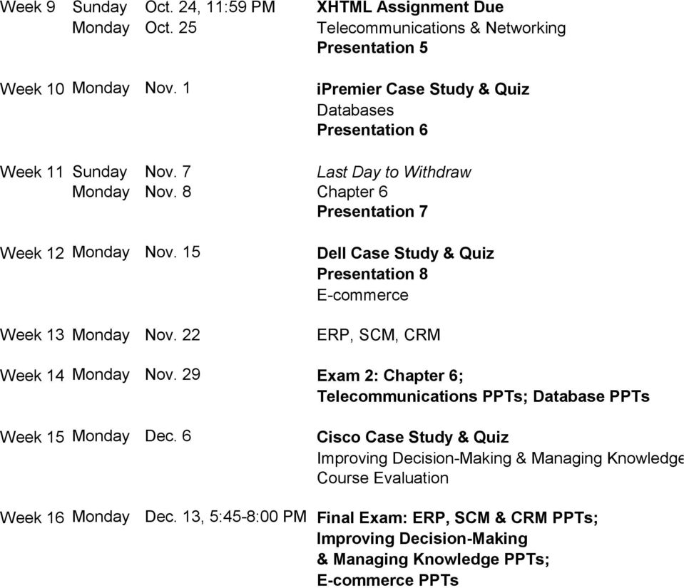 15 Dell Case Study & Quiz Presentation 8 E-commerce Week 13 Monday Nov. 22 ERP, SCM, CRM Week 14 Monday Nov.