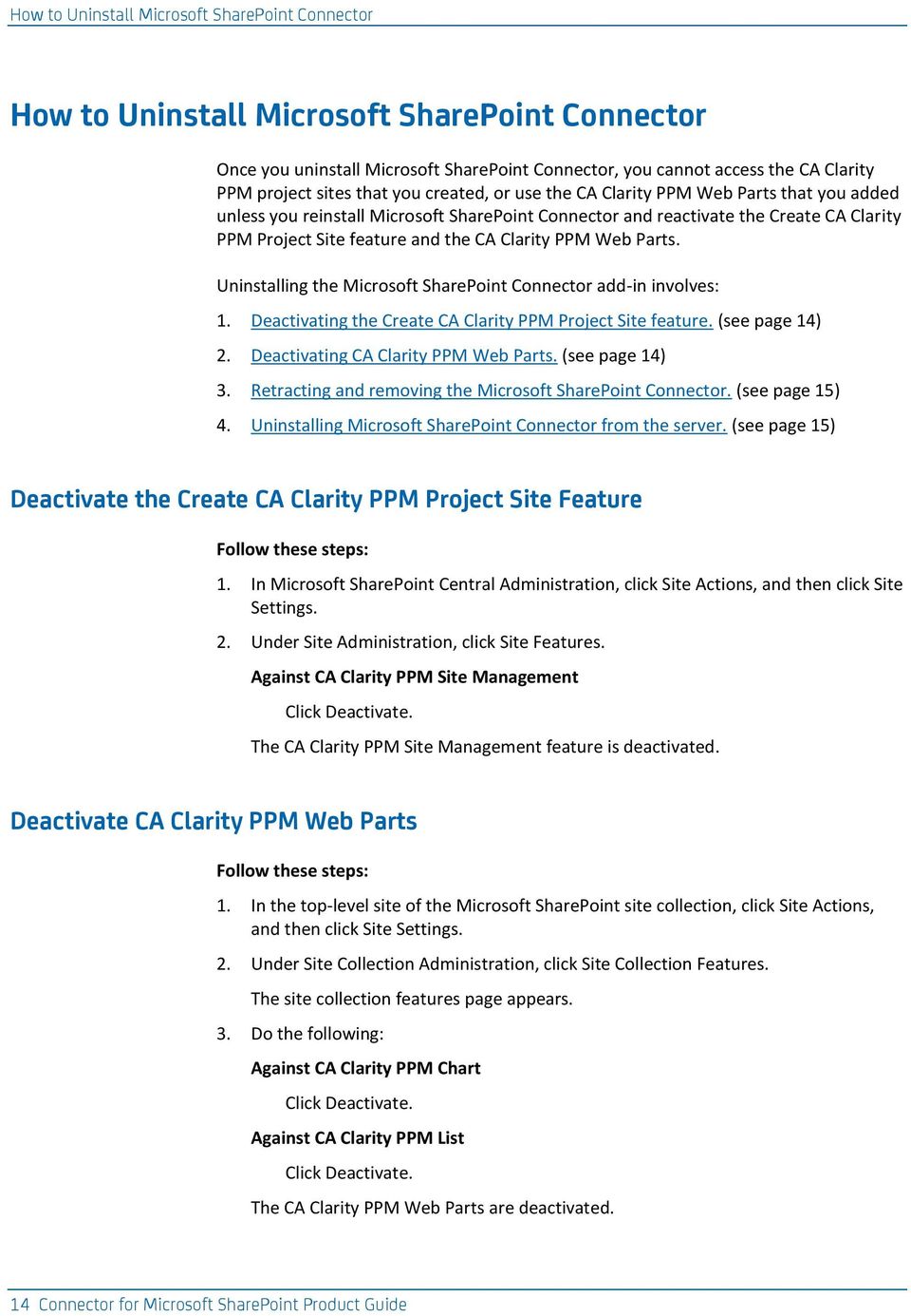 Clarity PPM Web Parts. Uninstalling the Microsoft SharePoint Connector add-in involves: 1. Deactivating the Create CA Clarity PPM Project Site feature. (see page 14) 2.