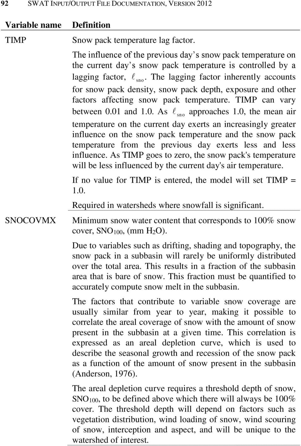 The lagging factor inherently accounts for snow pack density, snow pack depth, exposure and other factors affecting snow pack temperature. TIMP can vary between 0.01 and 1.0. As sno approaches 1.