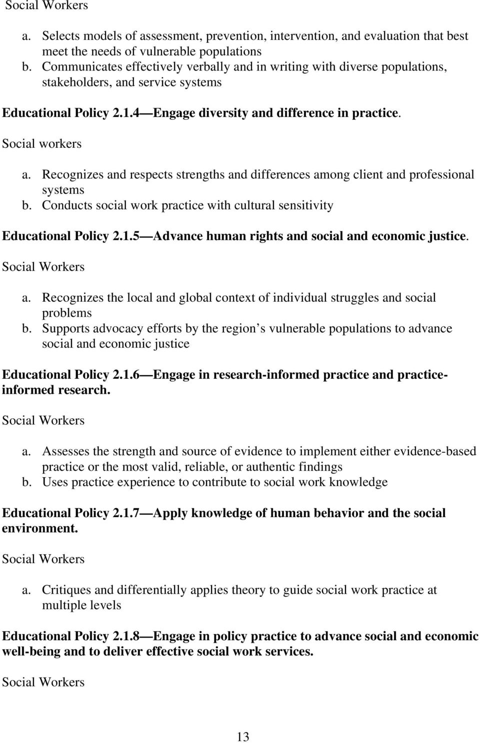 Recognizes and respects strengths and differences among client and professional systems b. Conducts social work practice with cultural sensitivity Educational Policy 2.1.