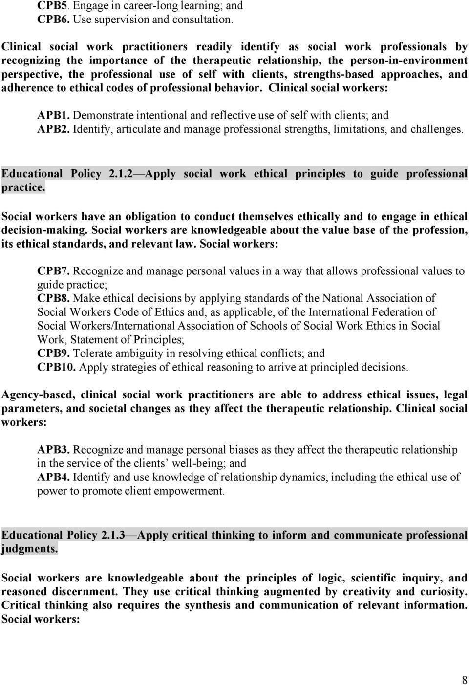 use of self with clients, strengths-based approaches, and adherence to ethical codes of professional behavior. Clinical social workers: APB1.