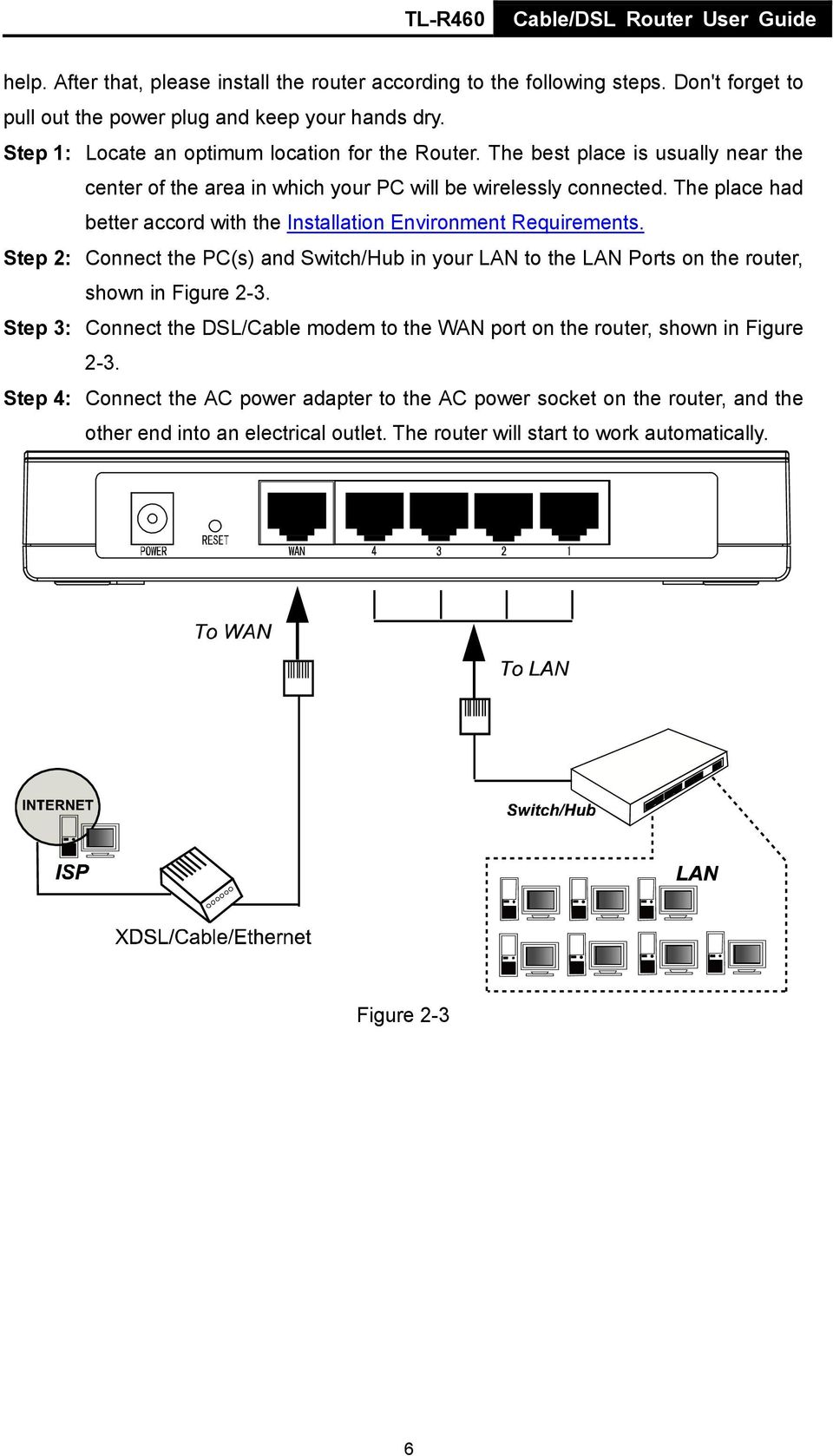 The place had better accord with the Installation Environment Requirements. Step 2: Connect the PC(s) and Switch/Hub in your LAN to the LAN Ports on the router, shown in Figure 2-3.