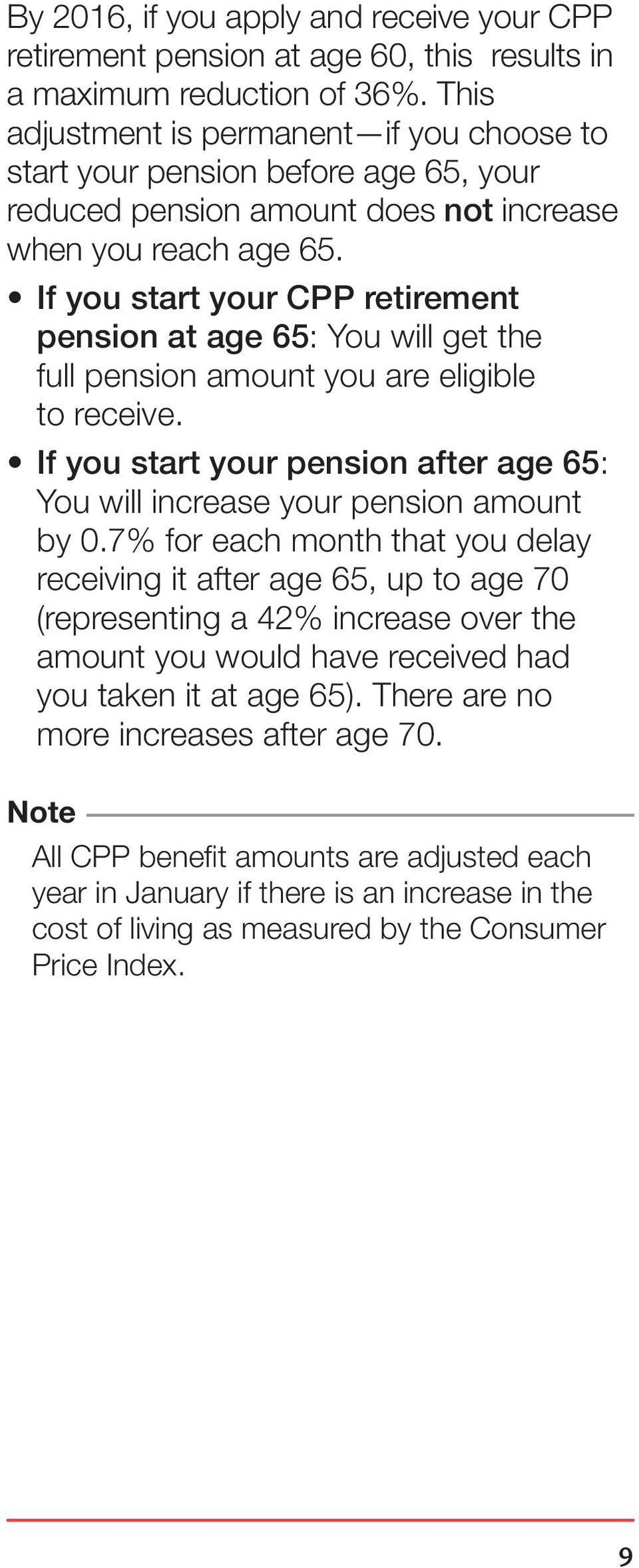 If you start your CPP retirement pension at age 65: You will get the full pension amount you are eligible to receive.