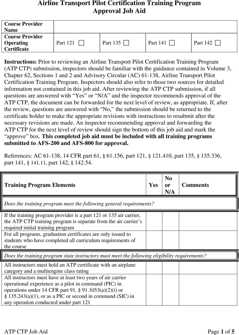 61-138, Airline Transpt Pilot Certification Training Program. Inspects should also refer to those two sources f detailed infmation not contained in this job aid.