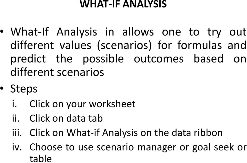 scenarios Steps i. Click on your worksheet ii. Click on data tab iii.