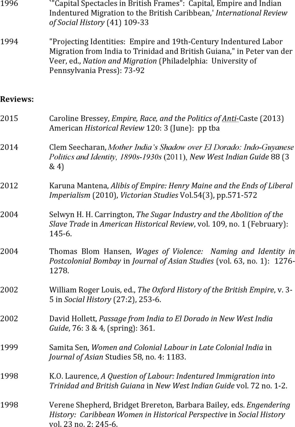 , Nation and Migration (Philadelphia: University of Pennsylvania Press): 73-92 Reviews: 2015 Caroline Bressey, Empire, Race, and the Politics of Anti- Caste (2013) American Historical Review 120: 3