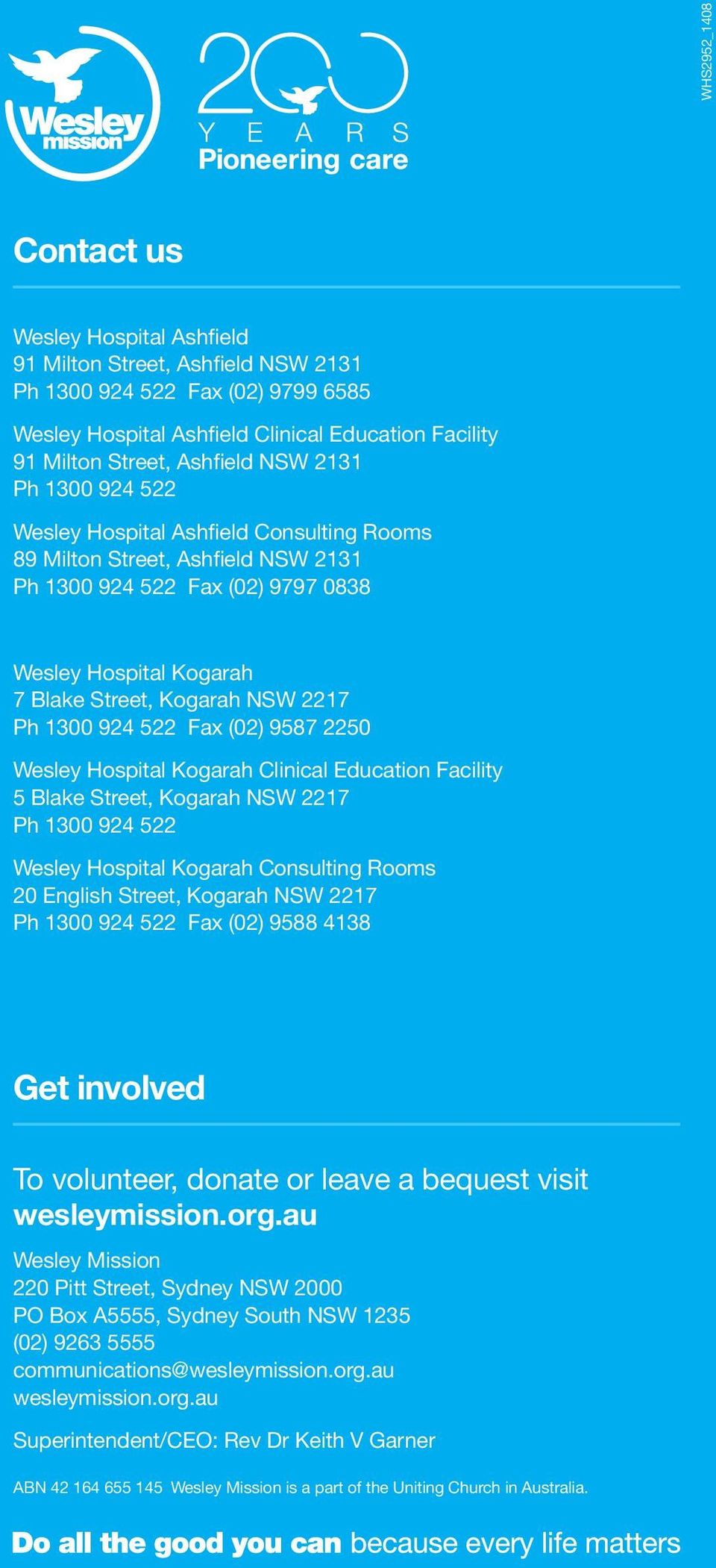 1300 924 522 Fax (02) 9587 2250 Wesley Hospital Kogarah Clinical Education Facility 5 Blake Street, Kogarah NSW 2217 Ph 1300 924 522 Wesley Hospital Kogarah Consulting Rooms 20 English Street,
