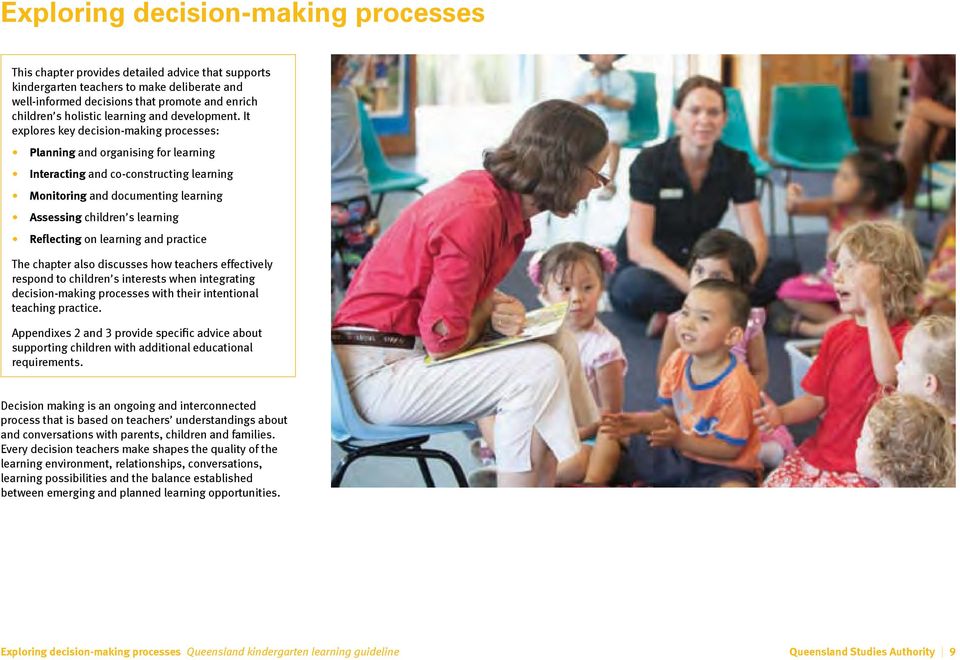 It explores key decision making processes: Planning and organising for learning Interacting and co-constructing learning Monitoring and documenting learning Assessing children s learning Reflecting