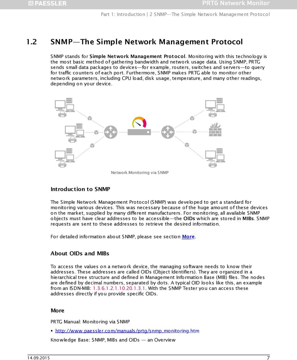 Using SNMP, PRTG sends small data packages to devices for example, routers, switches and servers to query for traffic counters of each port.