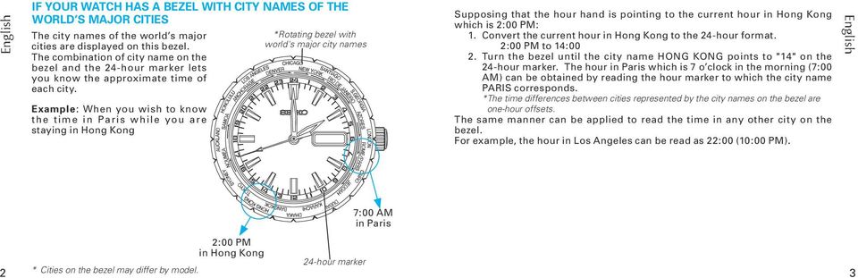 Example: When you wish to know the time in Paris while you are staying *Rotating bezel with world's major city names Supposing that the hour hand is pointing to the current hour which is 2:00 PM: 1.