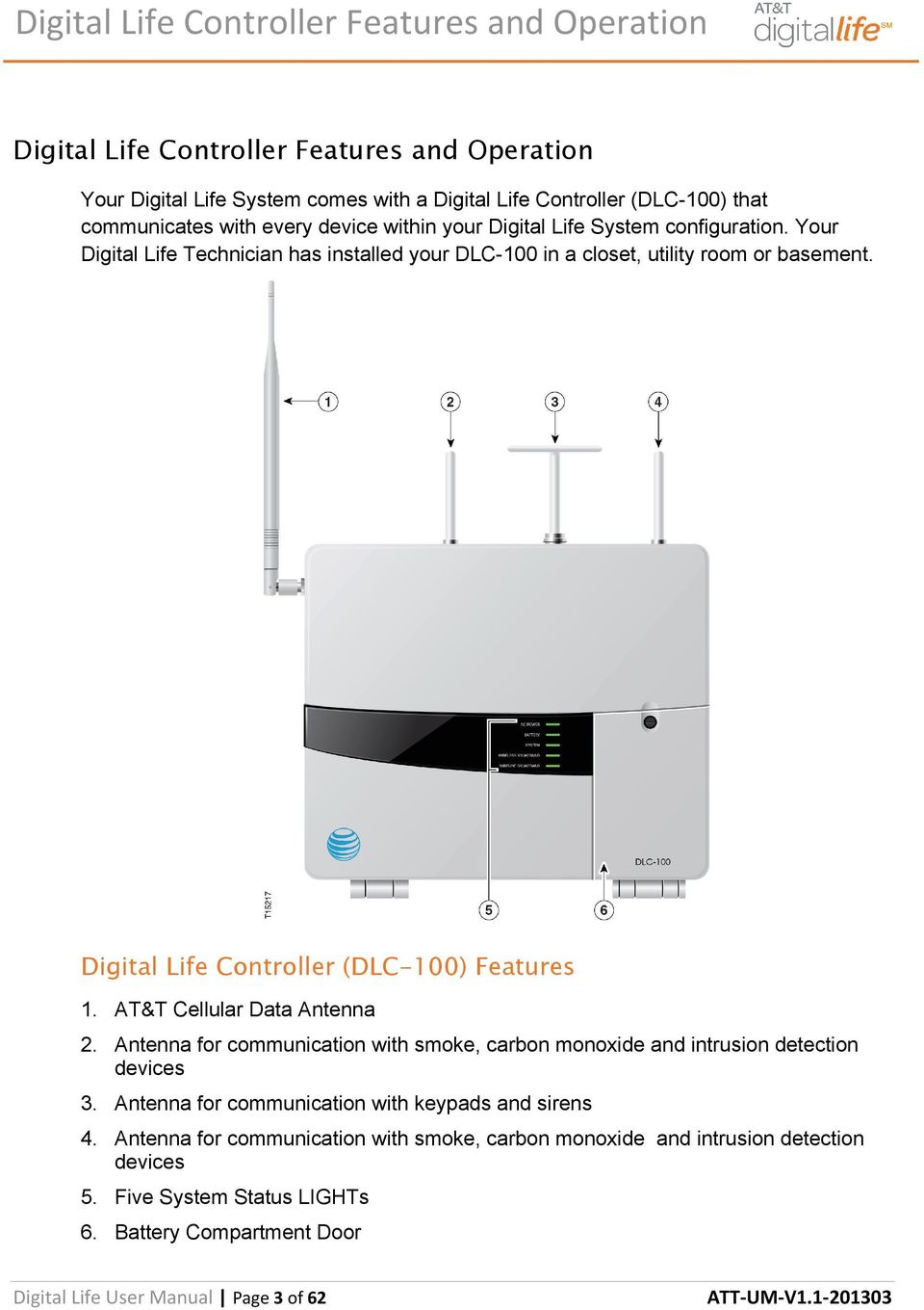 Digital Life Controller (DLC-100) Features 1. AT&T Cellular Data Antenna 2. Antenna for communication with smoke, carbon monoxide and intrusion detection devices 3.